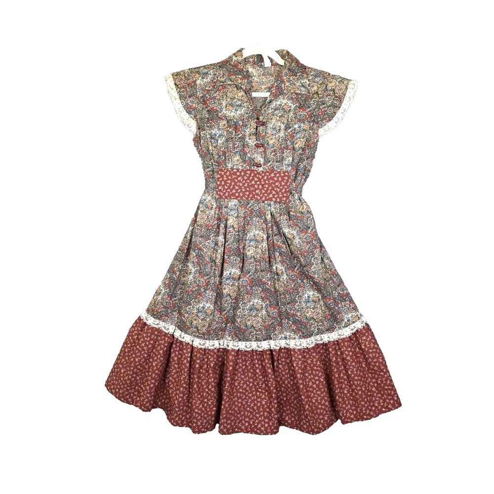 Vintage 70s Prairie Cottagecore Dress Lace Trim Rust Paisley Floral Ruffle Small
